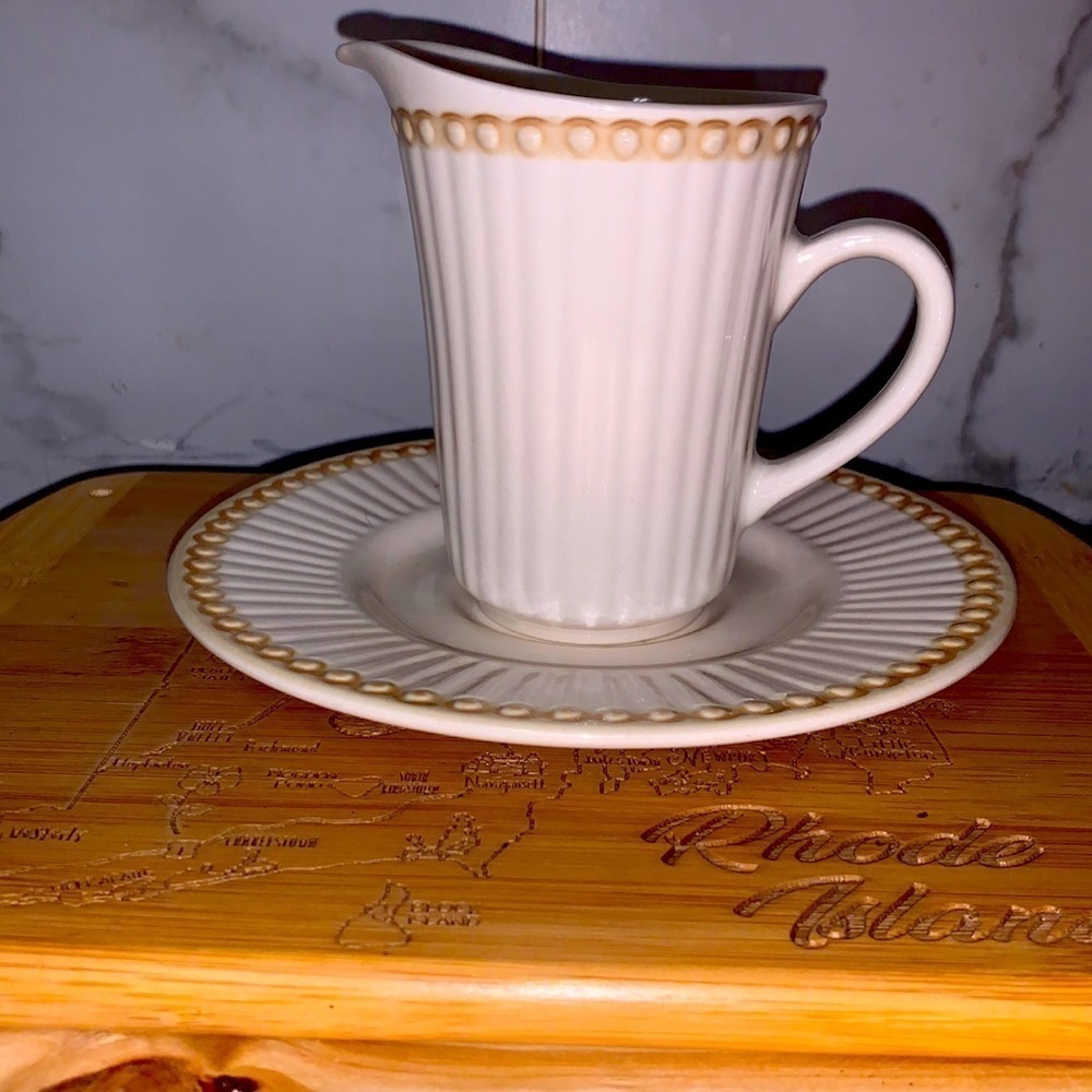Vintage Creamer & Saucer or Gravy Sauce Set Victorian Pearls Ivory & Tan Neutral